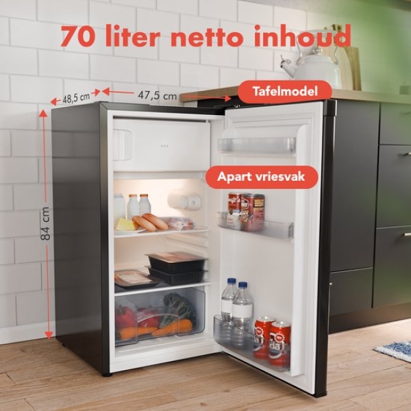 KitchenBrothers Koelkast - 81L - Tafelmodel Koelkast met Vriesvak - IJskast - Koelvriescombinatie - Frigo - Vrijstaand - Zwart - Afbeelding 3